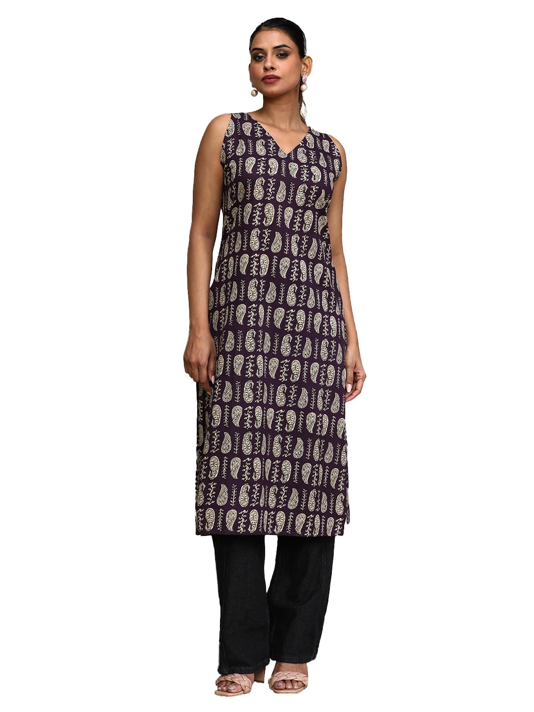 Varanga Women Paisley Printed V Neck Sleeveless Kurta Purple