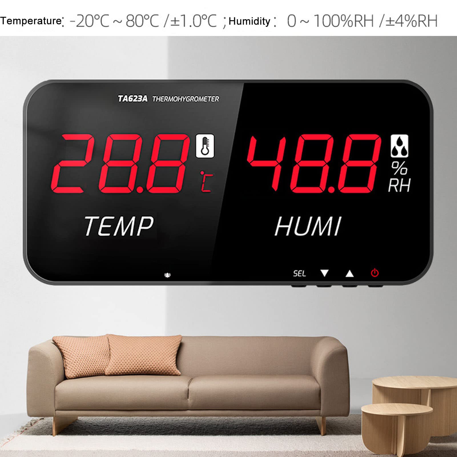 Yinhing Termometr i Higrometr Cyfrowy z Dużym Wyświetlaczem do Szklarni i | Wyświetlacz LED, Obudowa ABS, Zakres -20°C do 80°C, 0-100%RH, Próg Alarmowy, DC 5V/1A