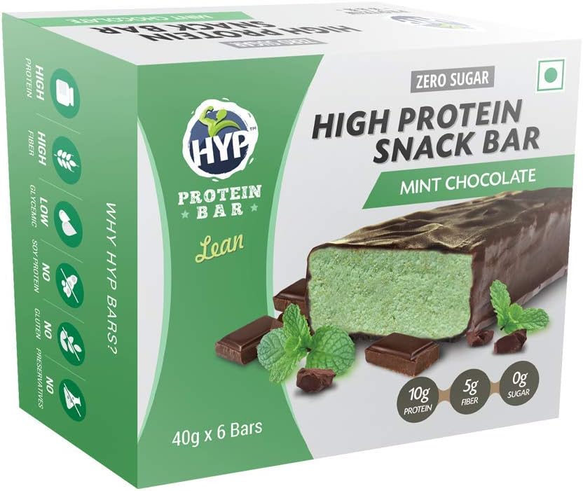 HYP- Lean Sugar-Free Protein Bar Mint Chocolate (6x40g) | 10g Protein per Bar | High Fiber | Low Net Carb | Contains Whey Protein | Protein Snacks with No Soy Protein | Gluten Free Protein Bars