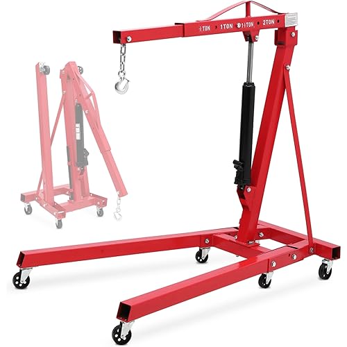2 Ton Hydraulic Engine Hoist, 4400LBS Folding Cherry Picker Engine Hoist Lift, Heavy Duty Hydraulic Shop Crane with 6 Casters & Telescopic Boom for Lifting Motor, Garage, Workshop and Factory