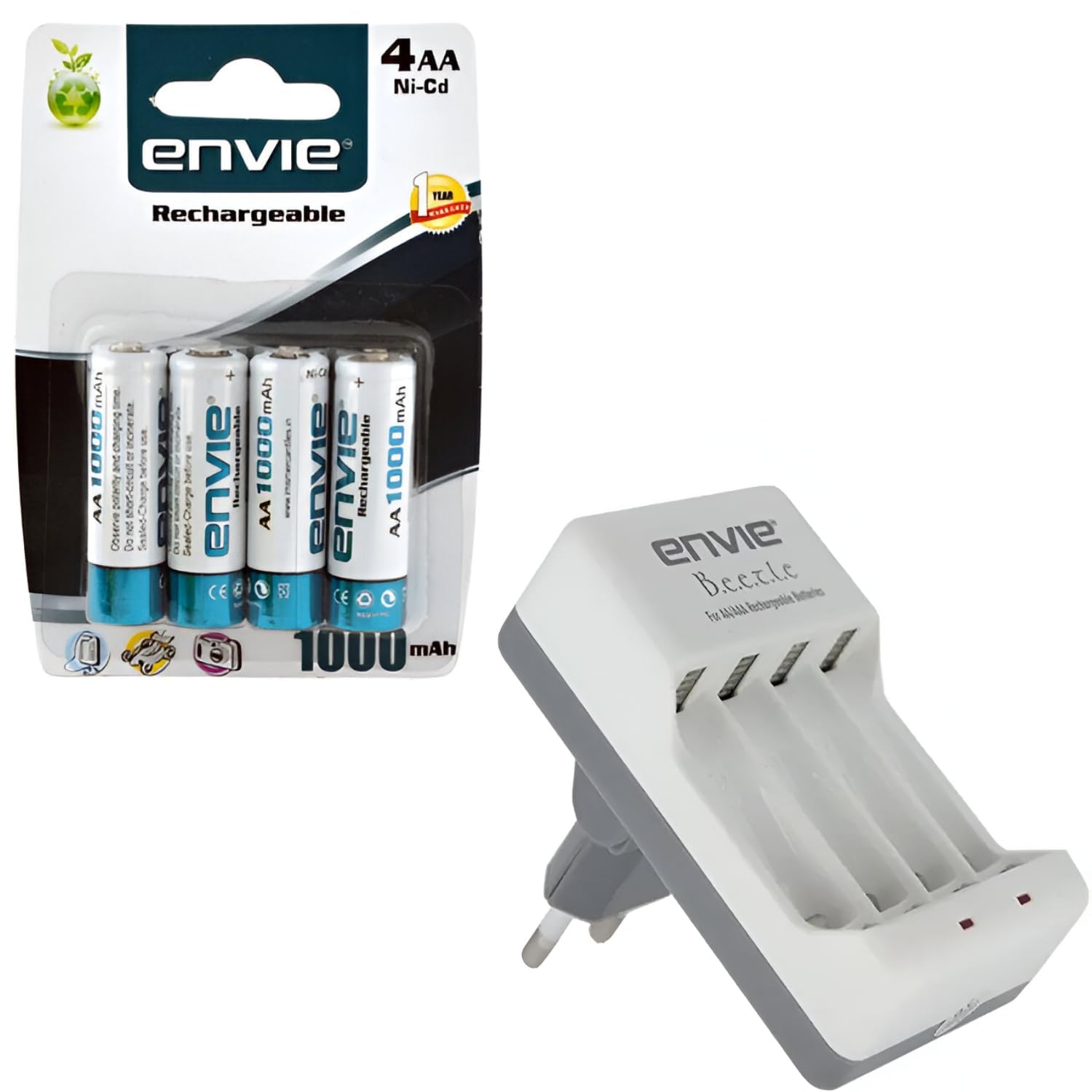 Envi Bettle ECR-20 Charger |Combo with| 4xAA 1000 Ni-CD Rechargeable Camera Battery Charger (White)