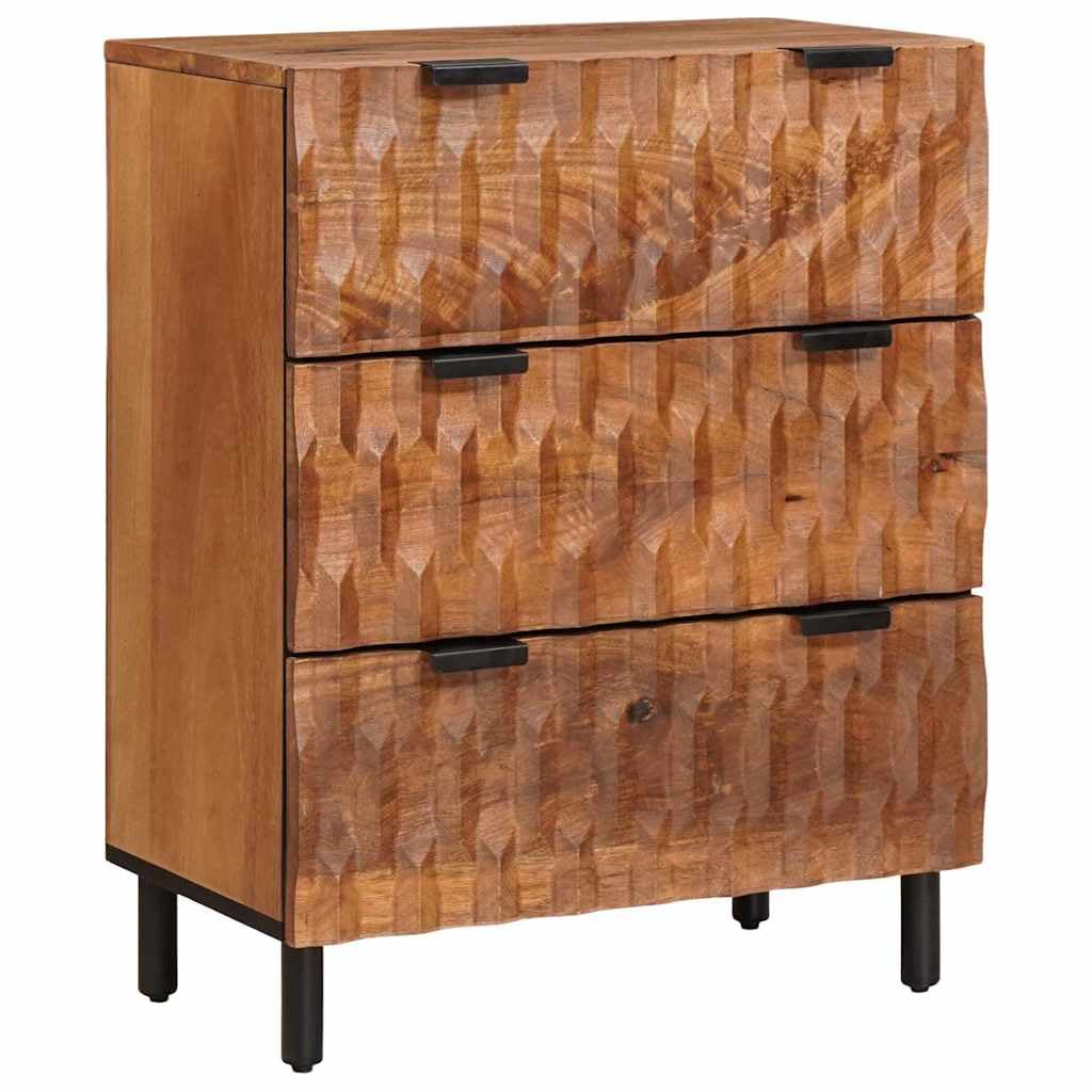 Modern Sideboard 60x33.5x75 cm Acacia Brown Finish Solid Mango Wood Storage Cabinet Cupboards with 3 Drawers & Iron Legs for Living Room Dining Kitchen