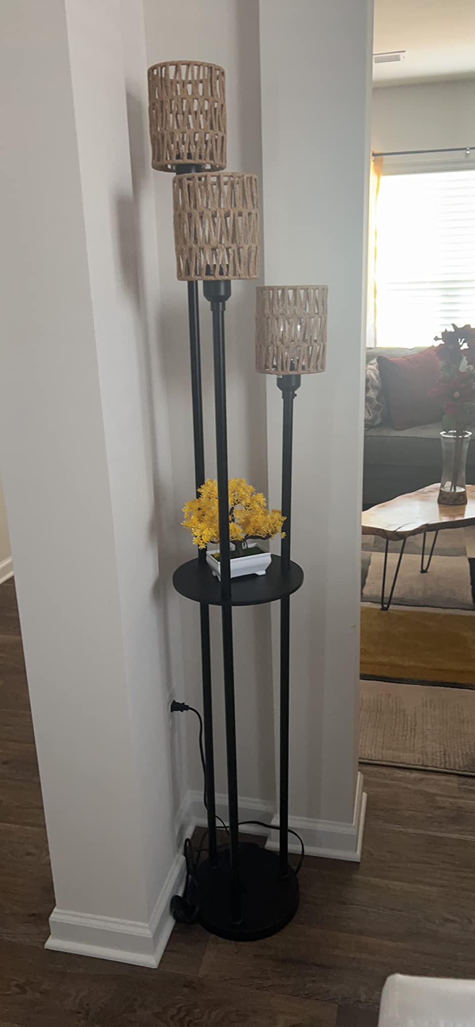 3-Light Rattan Floor Lamp With Shelf - 66" Farmhouse Standing Lamp With Foot Switch For Living Room