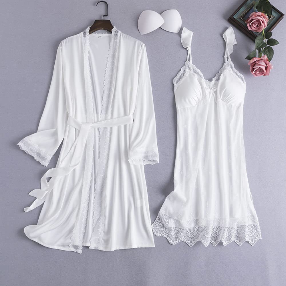 OZEO Accappatoio,Set di 2 Accappatoi in Raso Ricami Floreali retrò Camicia da Notte in Pizzo Abito Kimono Sottile Vestaglia con Cintura Elegante Vestaglia da Sposa Bademantel Damen,White,M