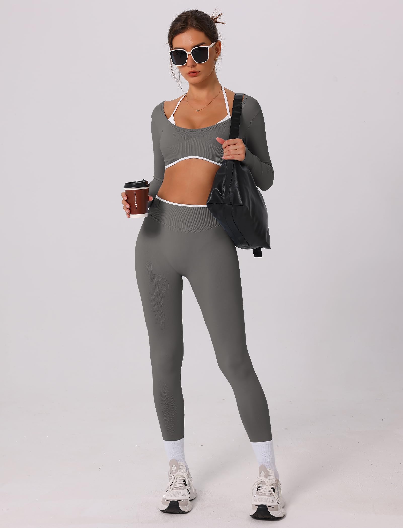 IDOPIP Workout Set Damen Rückenfrei: Zweiteiler Kontrastfarbe Sport Set Hohe Taile Po-formende Leggings und Top mit integrierten Cups - Jogginganzug für Fitness Yoga Pilates Gym