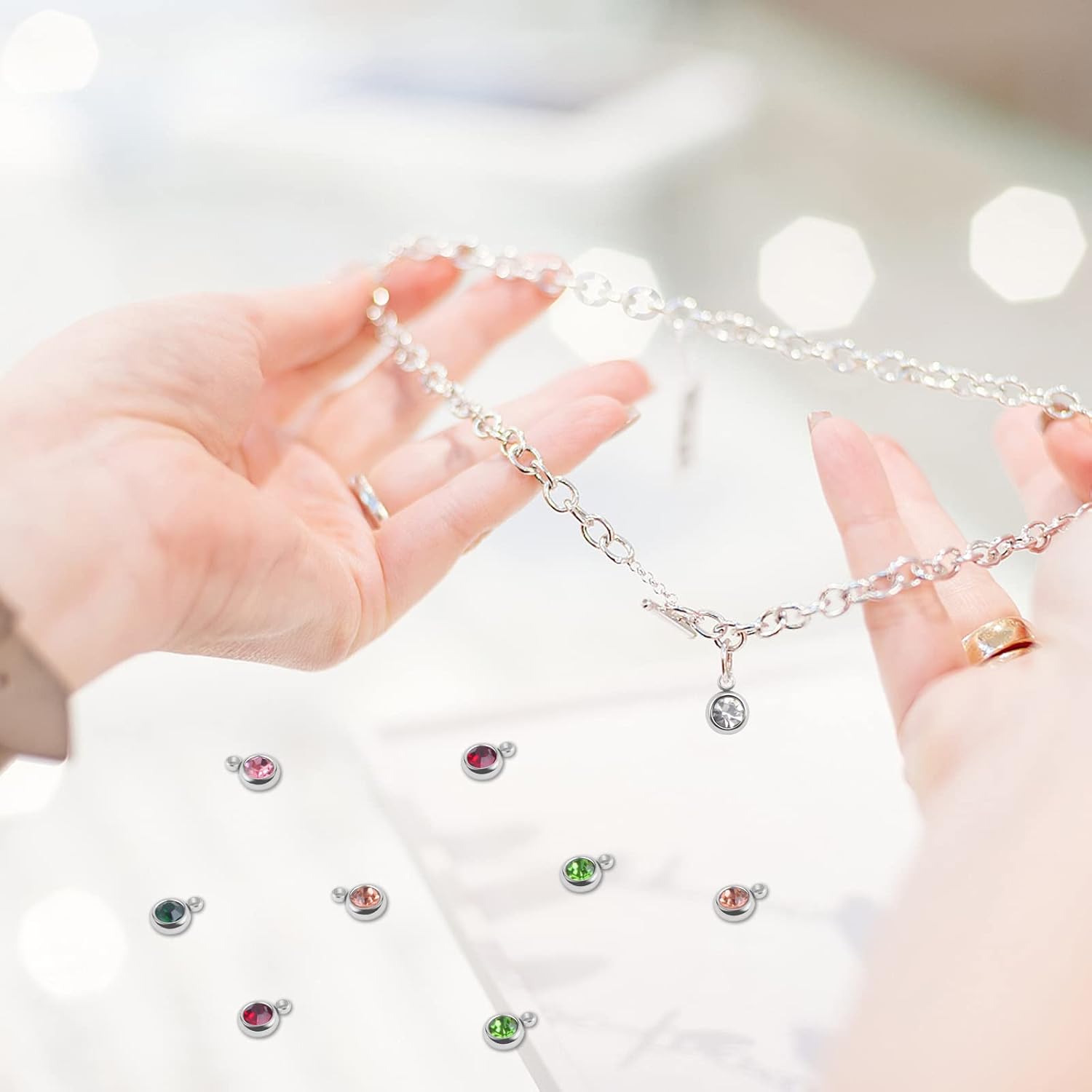30pcs 6 mm Stainless Steel Crystal Birthstone Charms Mini Round Rhinestone Birthstone Bead Handmade Pendant with Rings for Necklace Earrings Jewelry Making Supplies, 10 Colors - Image 4