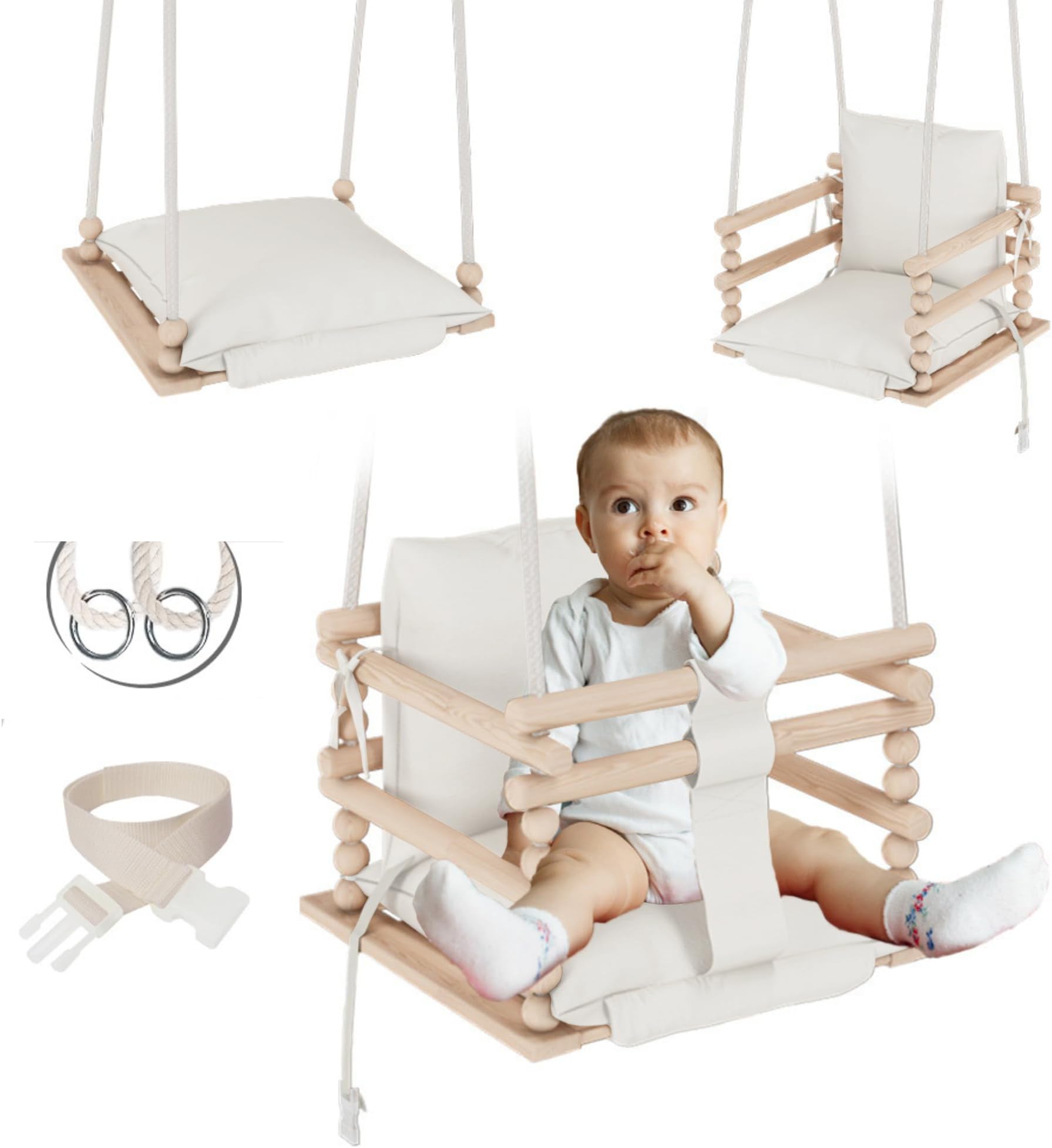 Baby Wooden Swing, Beige + Haken, Scandinavian Style, 30x34x34 cm, 2.0 kg, Oak Finish, 25 kg Max Weight