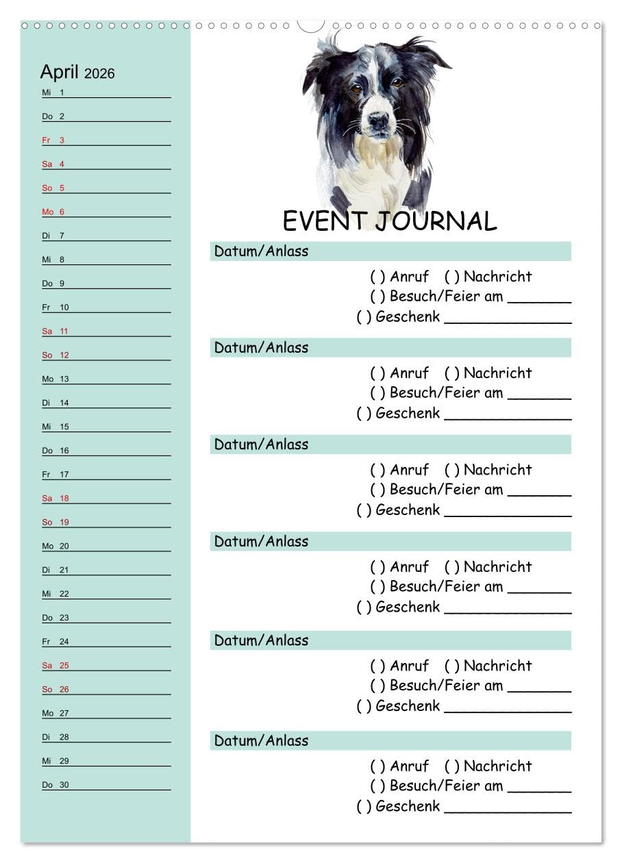 B-DAY PLANER - Aquarell Hunderassen - Für Termine, Geschenke, Eventdetails & mehr (hochwertiger Premium Wandkalender 2026 DIN A2 hoch), Kunstdruck in ... und keinen Anruf mehr. (CALVENDO Menschen)