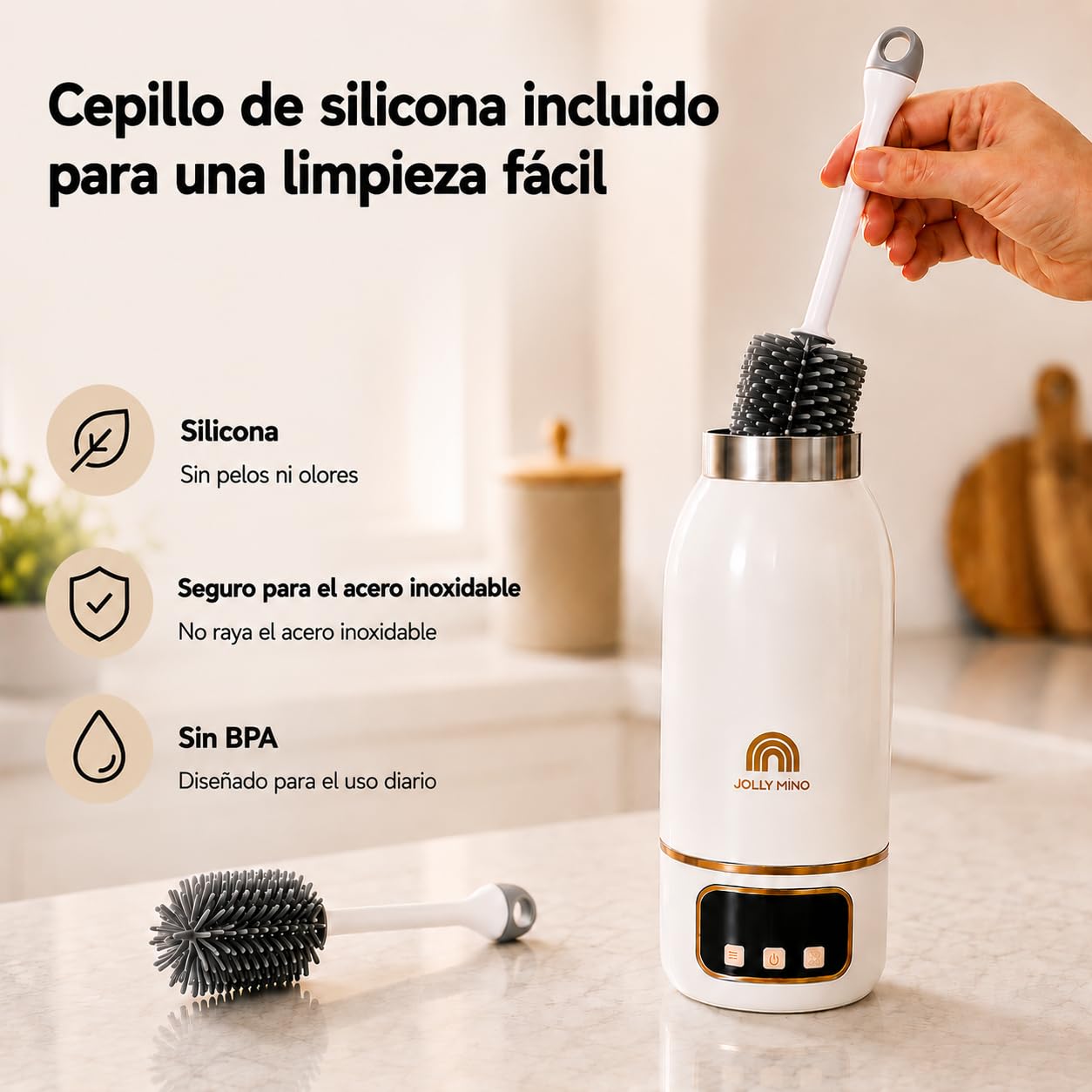 Calentador de Biberones Portátil Sin Cable 500ml, Agua y Leche Materna, Viaje/Coche/Noche, Cepillo Incluido, Diseño Dorado Premium Auto-Pasteurización