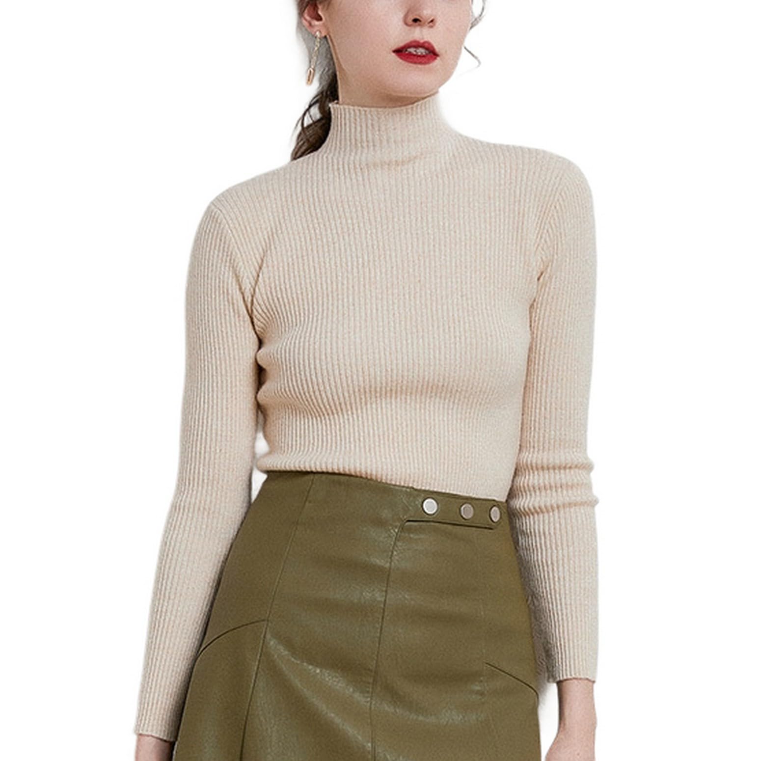 Womens Long Sleeve Top Knit Pullover Sweaters Fitted Fashion Soft Ribbed Fall Spandex Pull On Sweater