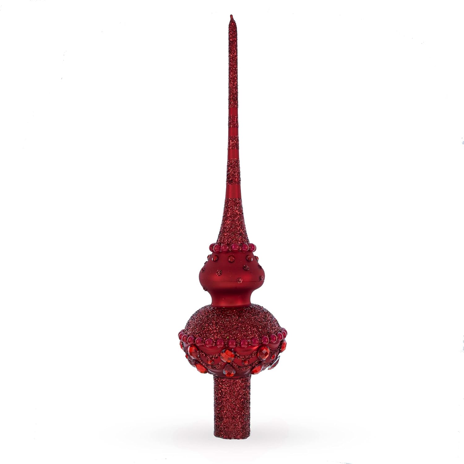 Dimensional Red Jewels Chandelier on Red Mouth Blown Glass Christmas Tree Topper 11 Inches