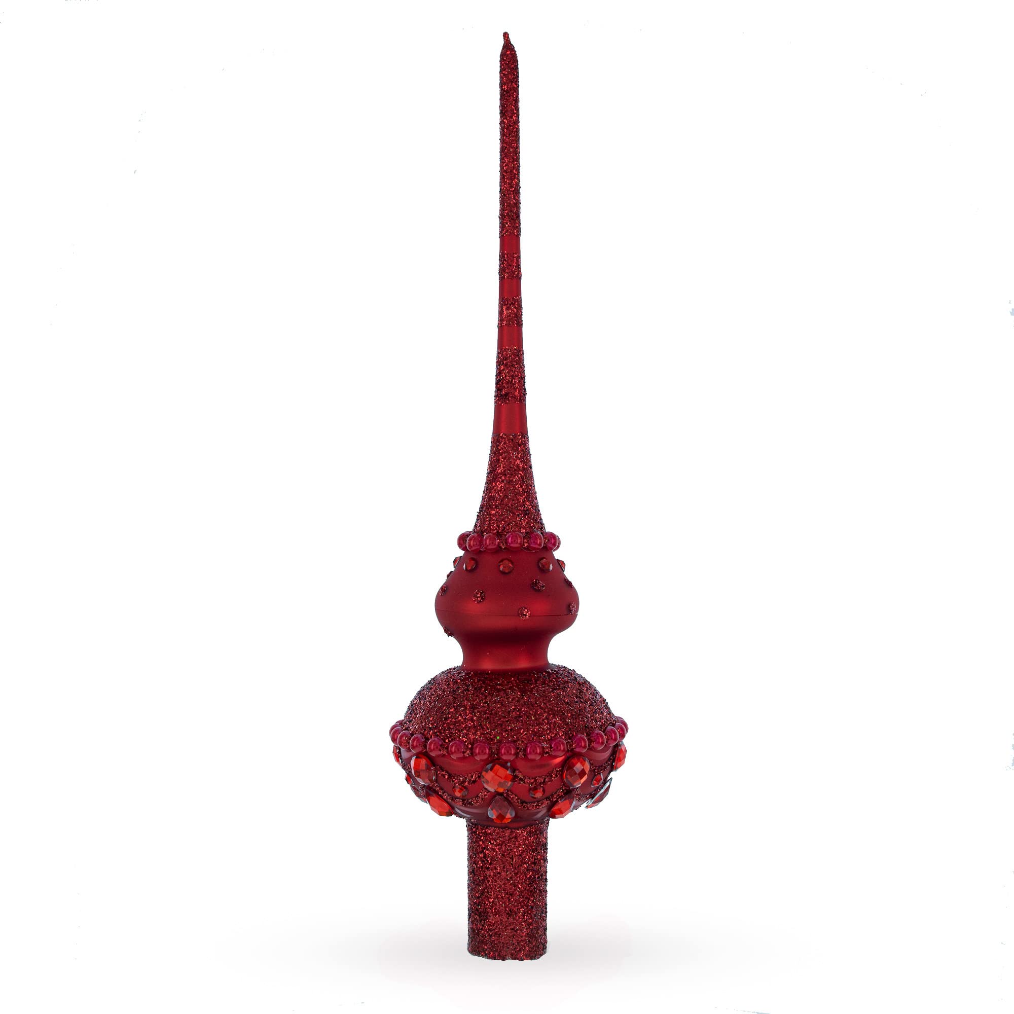 Dimensional Red Jewels Chandelier on Red Mouth Blown Glass Christmas Tree Topper 11 Inches