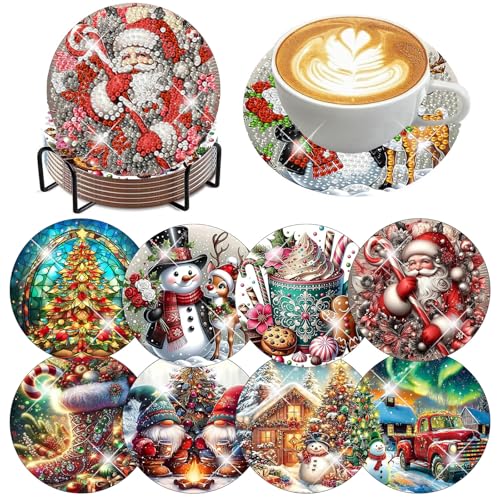 Ekuxom 8 PCS Diamond Art Coasters Christmas Diamond Painting Coasters Kits with Holder Cork Pads 5D Diamond Coasters Gem Art Dots Paintings Crafts Supplies
