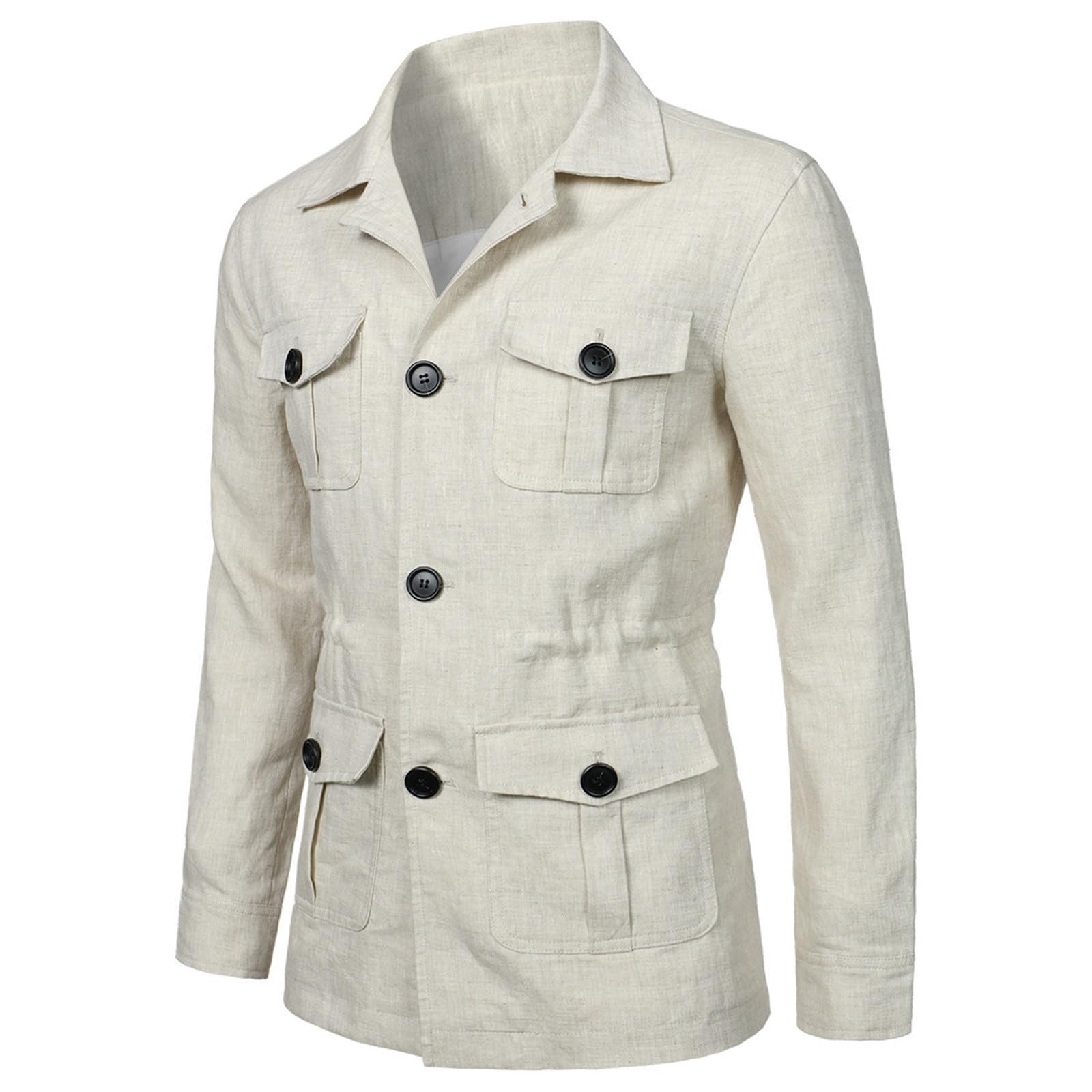 Giacca safari da uomo con bottoni, casual, tinta unita, leggera, giacca invernale, oversize, con tasche multiple per uomo