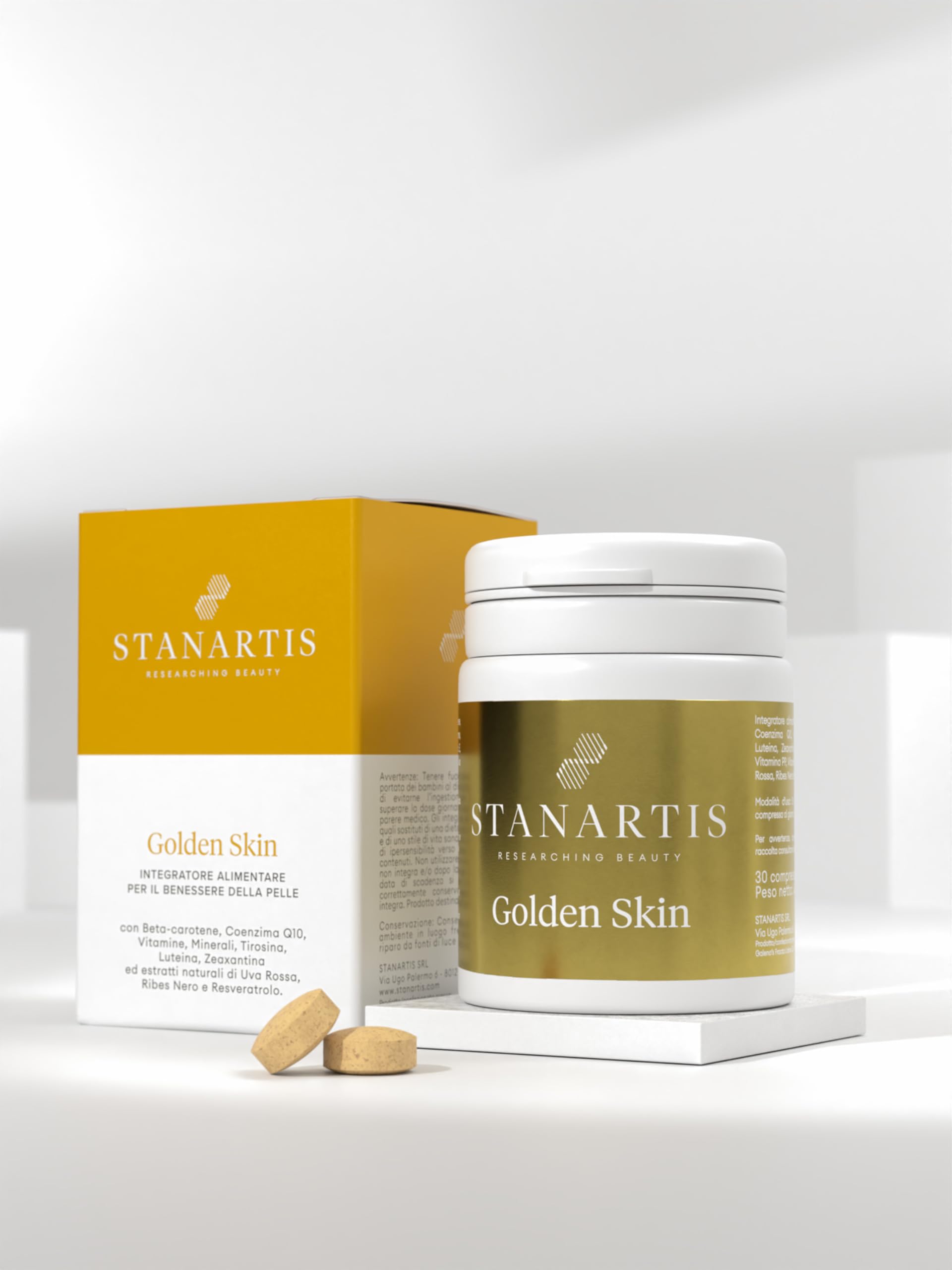 Stanartis Integratore Pelle Abbronzante Golden Skin – Beta Carotene Rame Selenio Vitamina C ed E – Abbronzatura Intensa e Uniforme – 30 Compresse da 550 mg