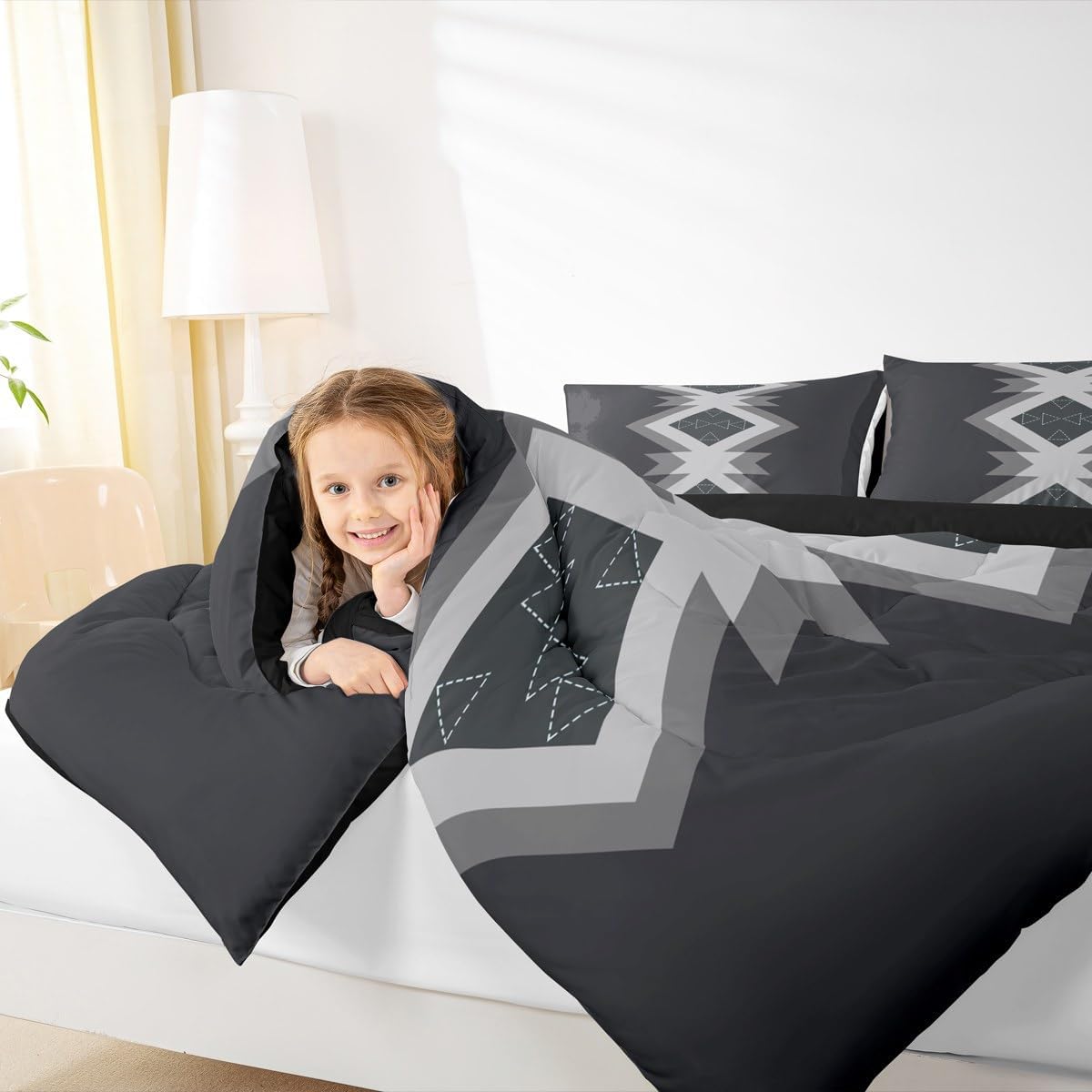 Feelyou Black Gray Aztec Bedding Set Soft for Boys Girls, Western Decor Comforter Set Queen Size Boho Style Duvet Quilt Microfiber Bohemian Bedroom Decor 3 Pcs with 2 Pillow Cases