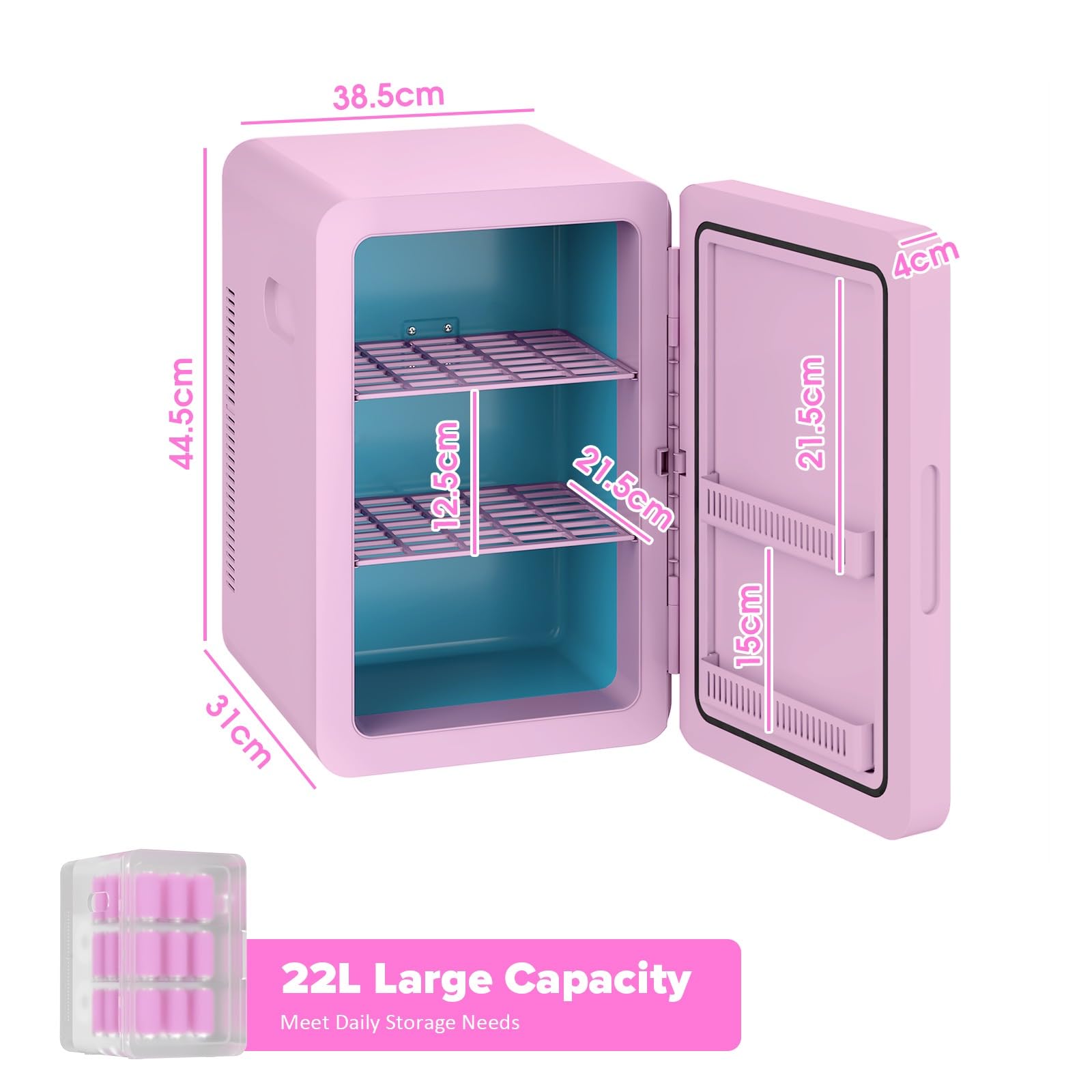 MoraRise 22L Mini Fridge for Bedrooms, 30 Cans Portable Cooler & Warmer Small Fridge, AC/DC Powered, Adjustable Shelves, Home Office, Car, Dorm, Travel, Cosmetics, Skincare, Drinks (Pink, 22L) — view 2