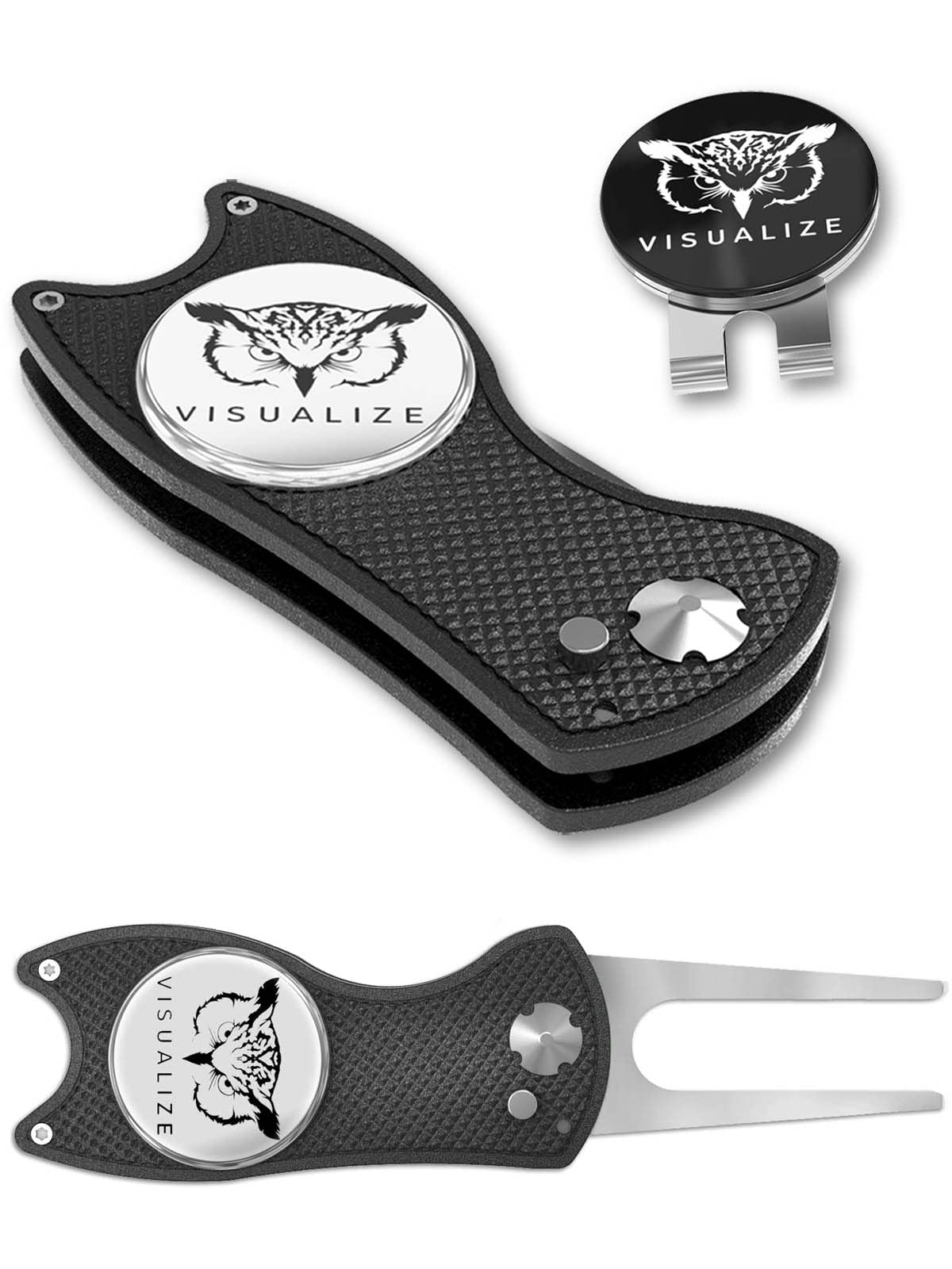 VISUALIZE Elite Switchblade Golf Divot Repair Tool Set with Ball Marker - Sturdy Anodized Aluminum - Perfect Golf Accessory Gift