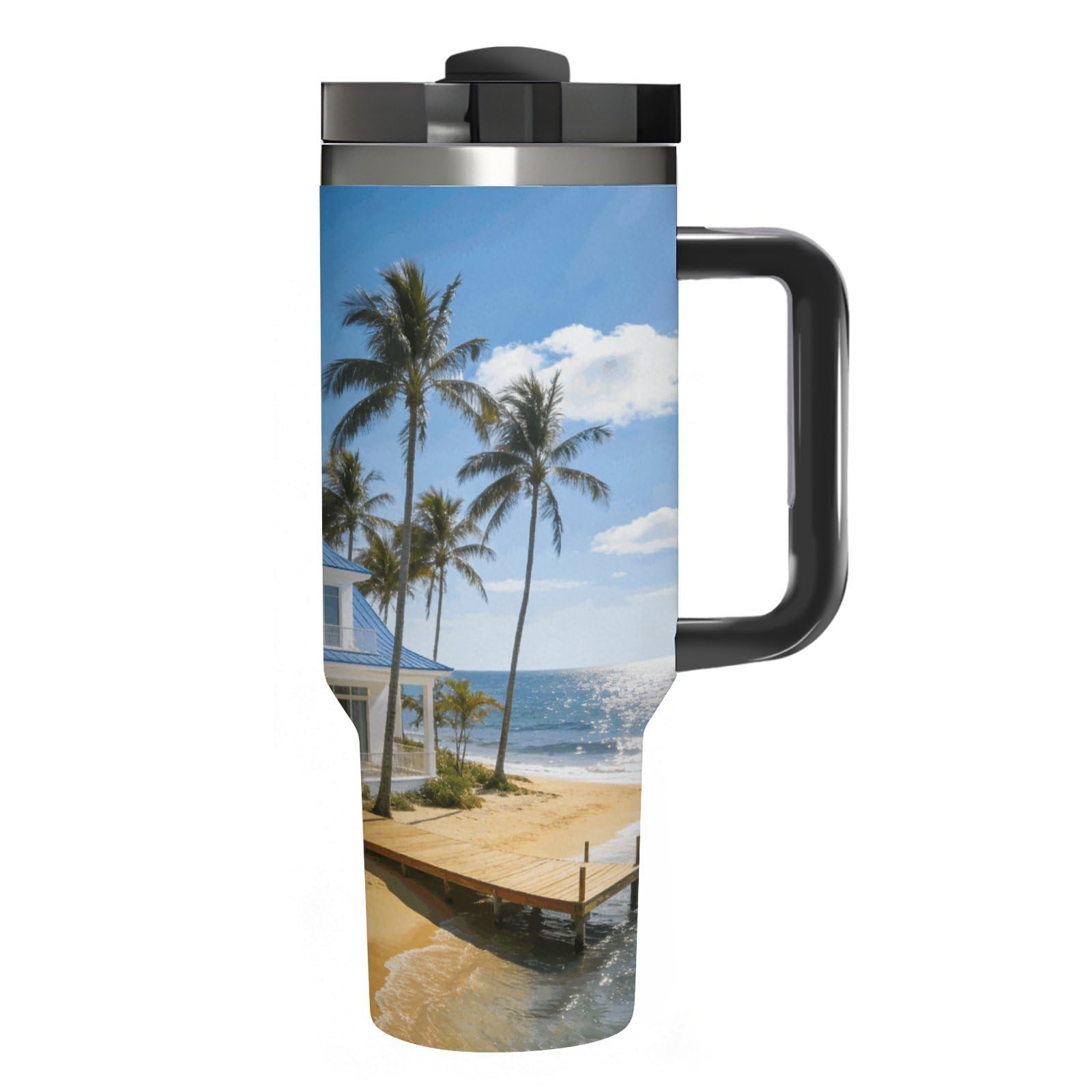 Blue Sea White House - Tazza da caffè da viaggio in acciaio inox, tazza da caffè con coperchio e cannuccia, tazza con manico, grande capacità, doppia parete, sottovuoto, a prova di perdite