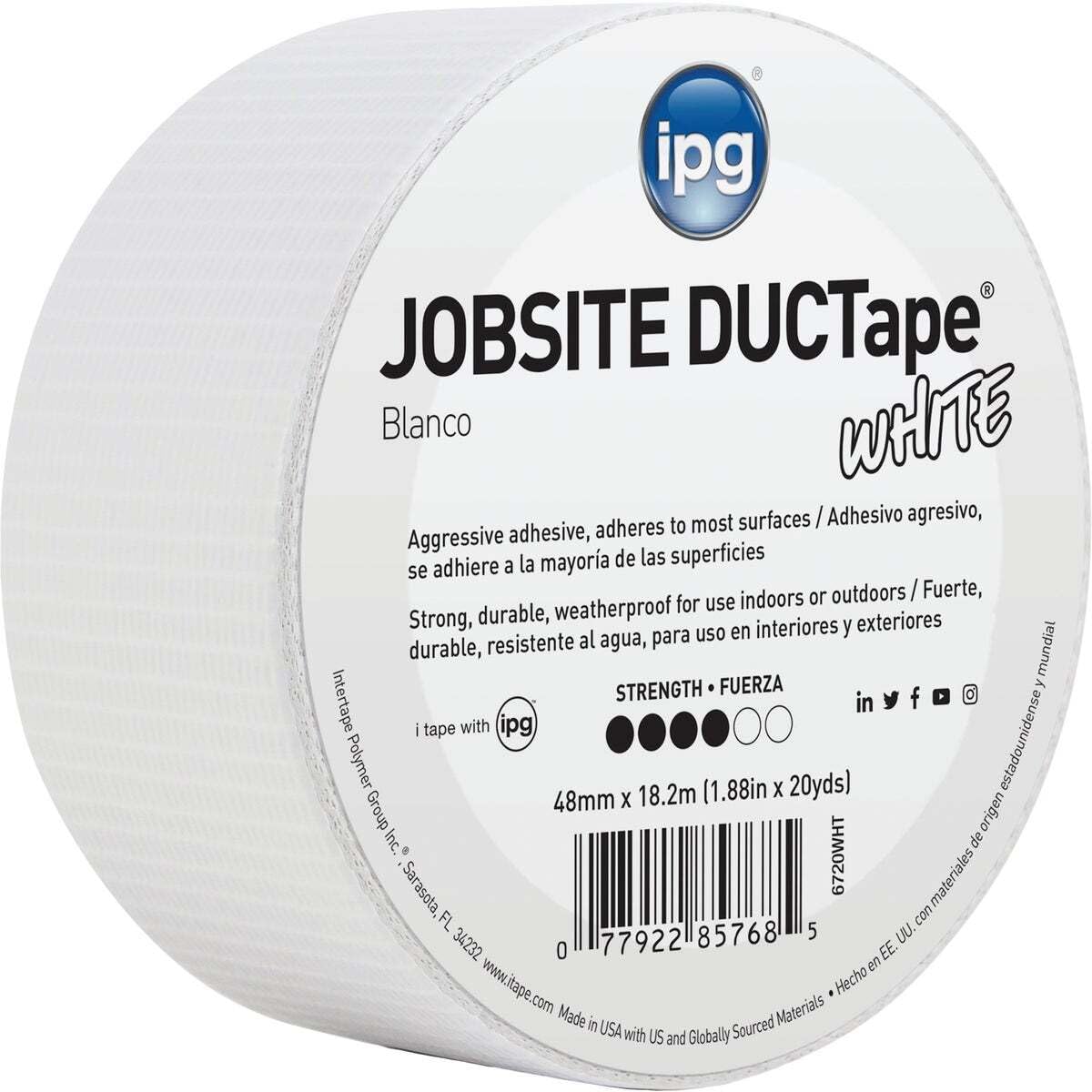IPG 6720WHT JobSite DucTape, Farbiges Klebeband, 4,8 cm x 20 m, Weiß (Einzelrolle)