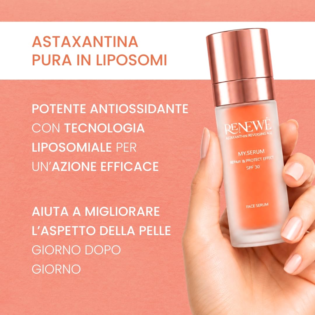 REFILL Renewè MY.SERUM, Siero Viso Astaxantina Pura SPF 30 Antiage Antiossidante - Protegge, Idrata e Rimpolpa - Con peptidi Vitamina C ed E - 30 ml