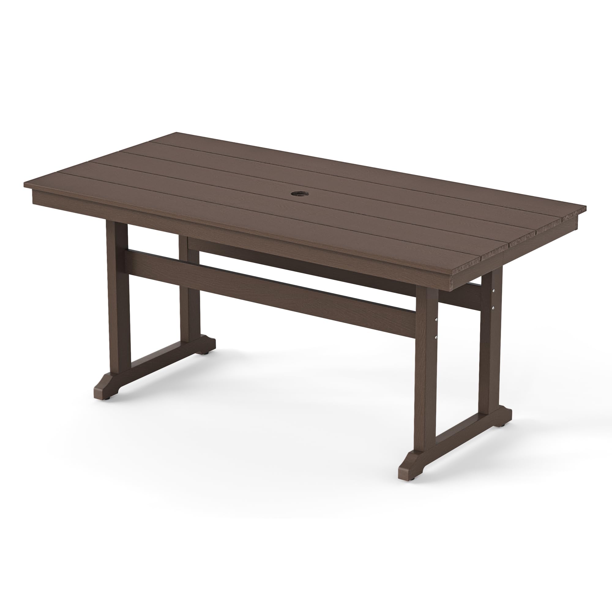 Rectangle Outdoor Dining Tables for 6, HDPE Weather Resistant Patio Dining Table, 66" Outdoor Tables with 1.96" Umbrella Hole for Porch, Balcony, Backyard, Dark Brown