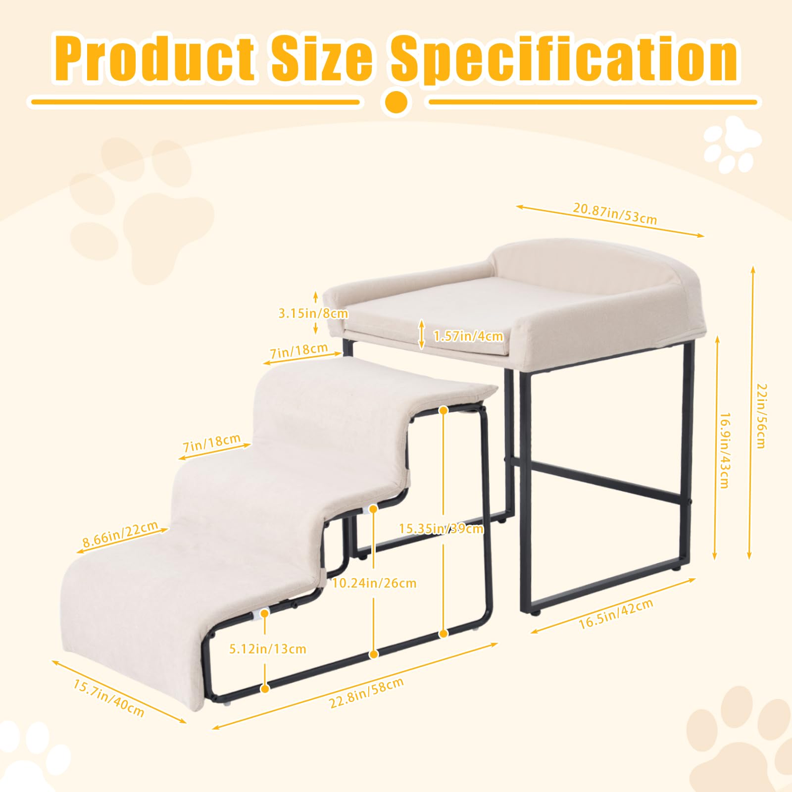 Escaleras para perros con juego de cama para mascotas para ventana, cama, sofá, marco de metal resistente con cojín suave, 3 escalones para perros y percha de ventana para mascotas pequeñas