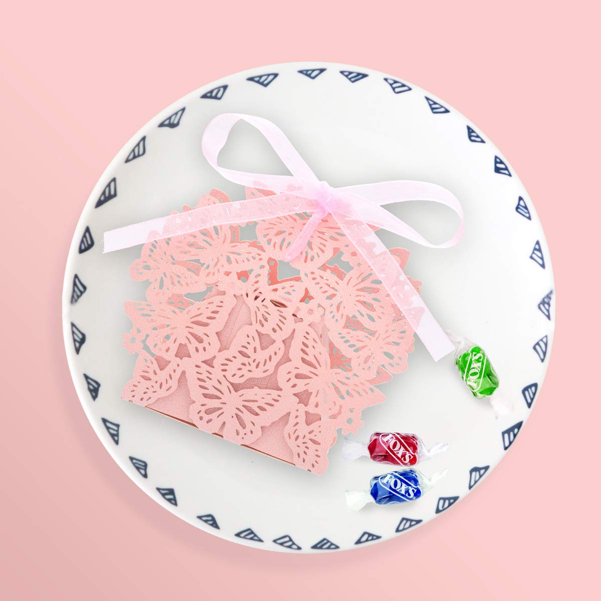 Derbway 30pcs Papillon Papier Boite Bonbons Coffret Cadeaux avec des Rubans, Cérémonie de Mariage de Fête Caisson pour Anniversaire,Bébédouche,Baptême ( Rose