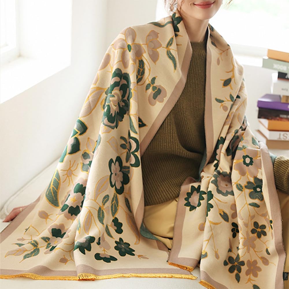 First Choose Women's Blanket Chunky, Pashmina Shawls Wraps Oversized Winter & Fall Warm Scarfs Soft Cashmere Feel for Women (Beige-Dark Green) - Image 5