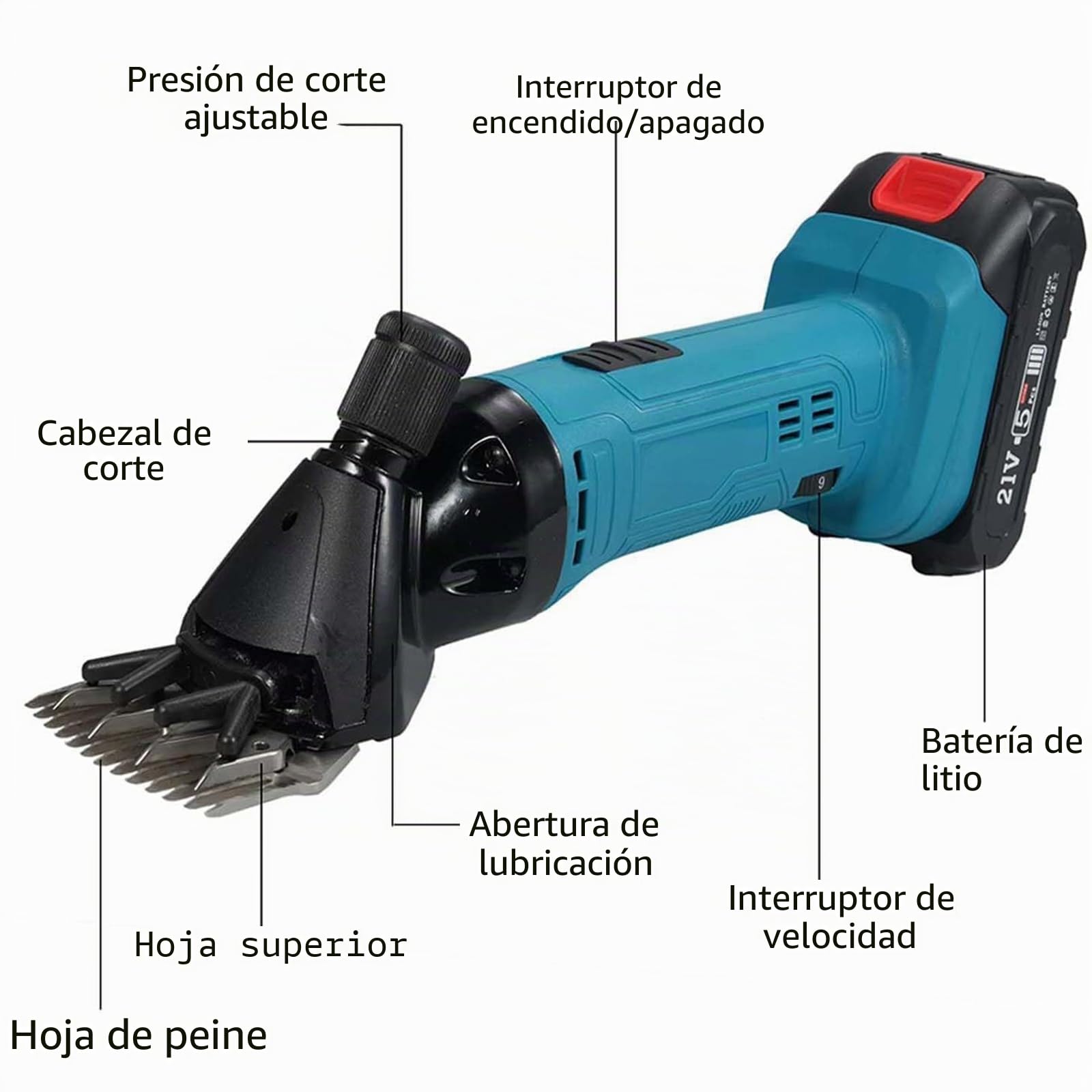 Máquina De Esquilar Ovejas Inalámbrica, Cortadora Eléctrica 300W Con 2 Baterías, Cuchilla 9/13 Dientes, 6 Velocidades Kit Para Lana Gruesa Ganado Cabras Alpacas 13-Teeth