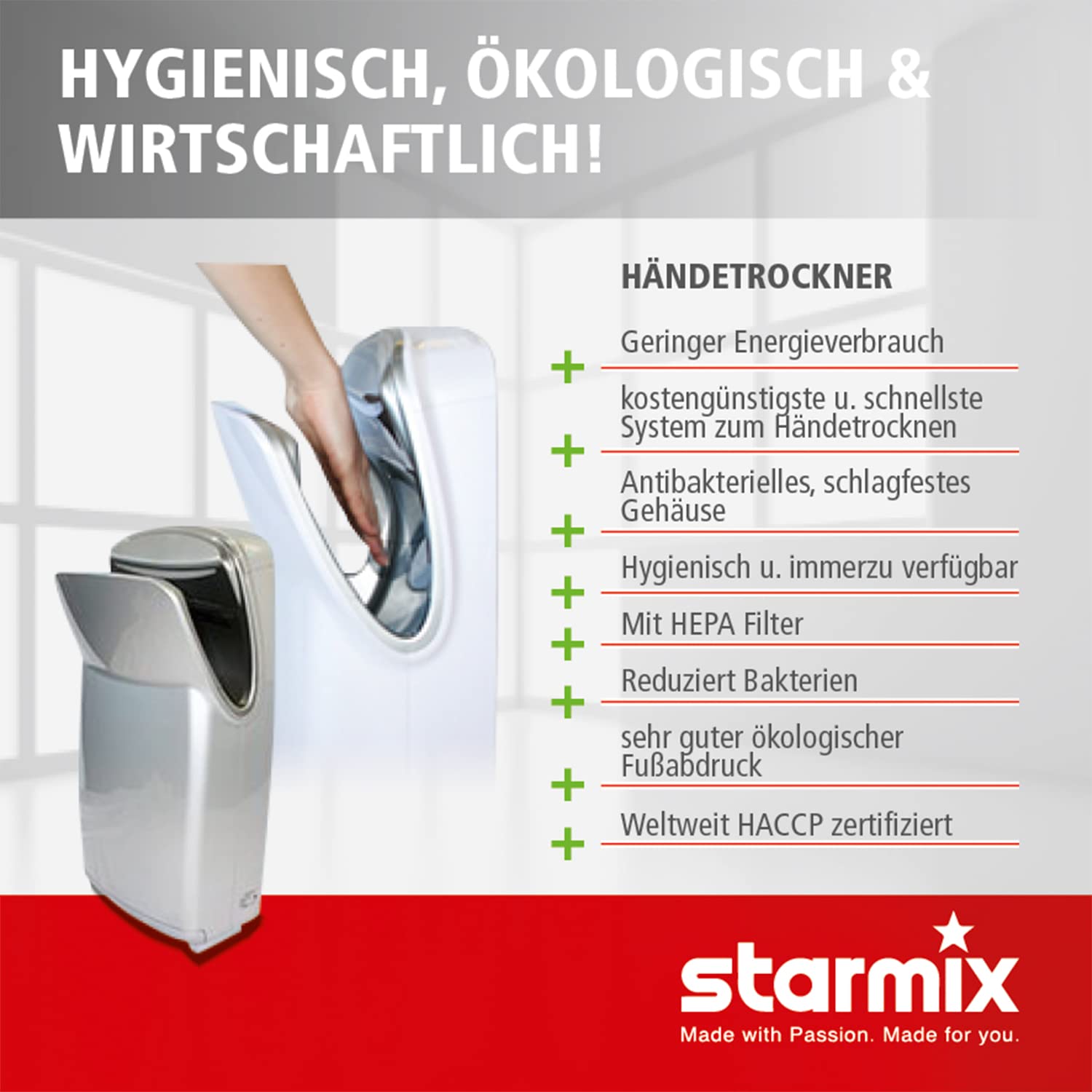 Starmix Comfort-Hand-Trockner TT 1800 E, komfortabler, langlebiger, moderner und leiser Händetrockner zur Wandmontage (1800 Watt)