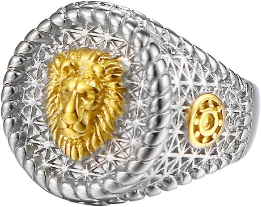 Silver Lion Signet Ring for Men Stylish Lion Round Ring, Gold Classic Lion Head Ring Rock Lion Animal Ring Men’s Sparkly Lion Head Jewelry Cool Lion Biker Ring Lion Helm Ring