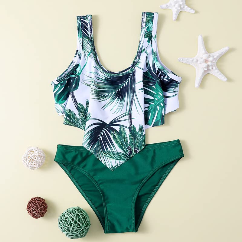 Girls Swimsuit 2 Piece Bikini Set Girls' Ruffle Swimwear Tropical Coconut Tree 12-14 Year4