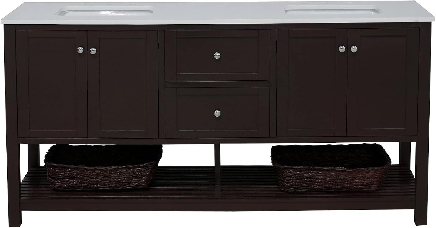 Lakeshore 72-inch Double Bathroom Vanity: Engineered White Countertop with Chocolate Cabinet and White Ceramic Sinks