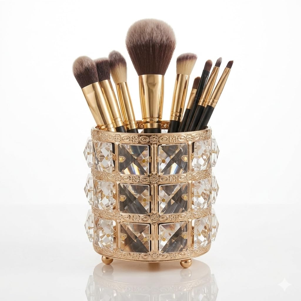 Crystal Vanity Organizer Makeup Brush Holder Crystal Accents (Golden Round 3)