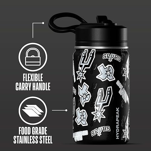 Miniatura 3 de Hydrapeak x NBA Botella de agua oficialmente licenciada de San Antonio Spurs de 414 ml para niños mini con tapa con popote y asa, de acero