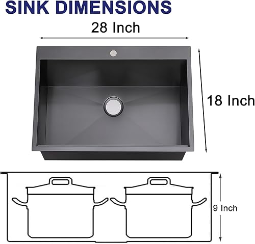 Miniatura 3 de VAPSINT Fregadero de cocina negro empotrable de 28 pulgadas, fregadero de cocina de acero inoxidable calibre 16 negro metálico de montaje superior,