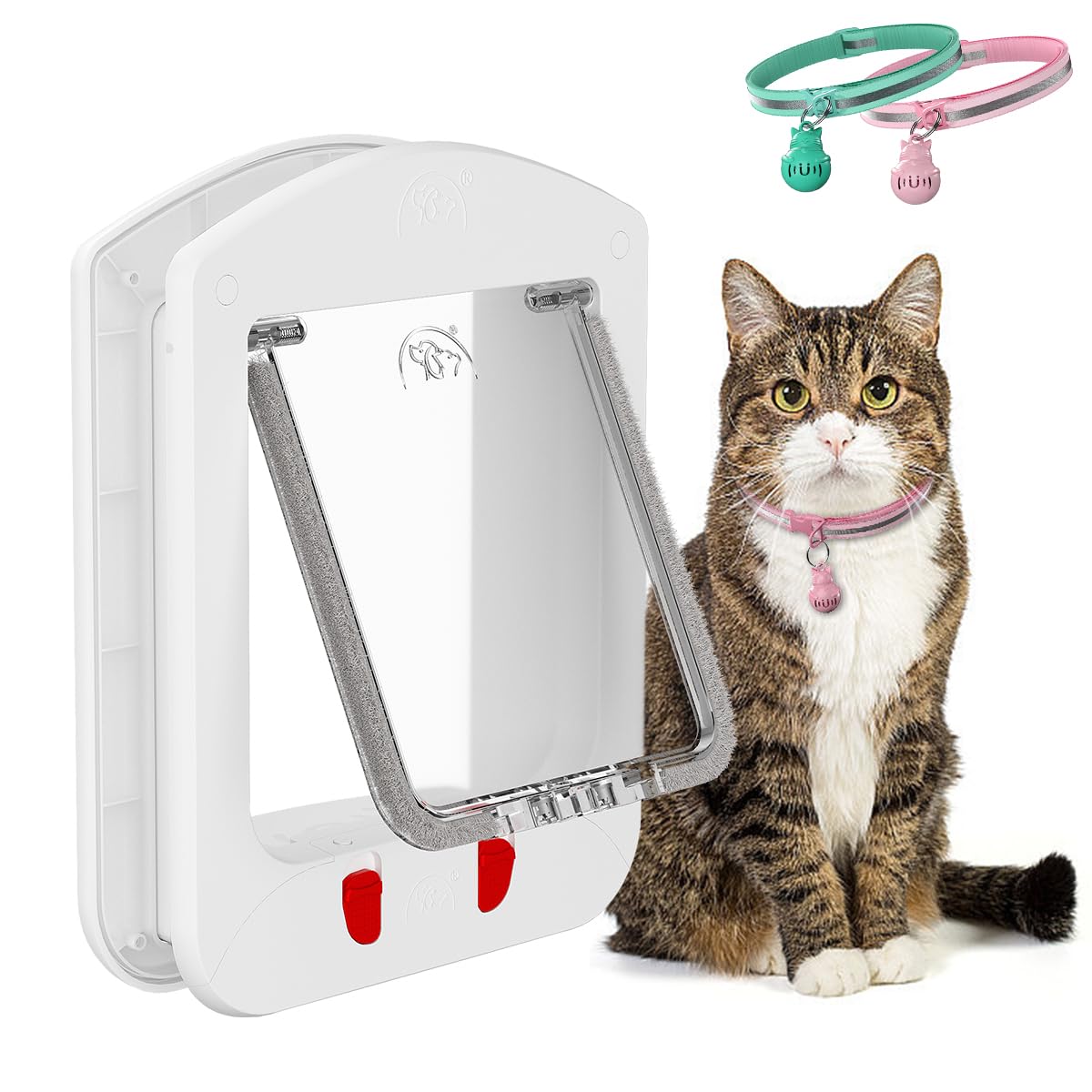 Pet Door for Interior/Exterior Doors with 2 Auto-Sensing Keys, Frame Size 11.5 * 9 * 1.5 Inches, Magnetic Smart Collar, White HIDROSIL Cat Door with Collar Sensor, 4 Ways Lock