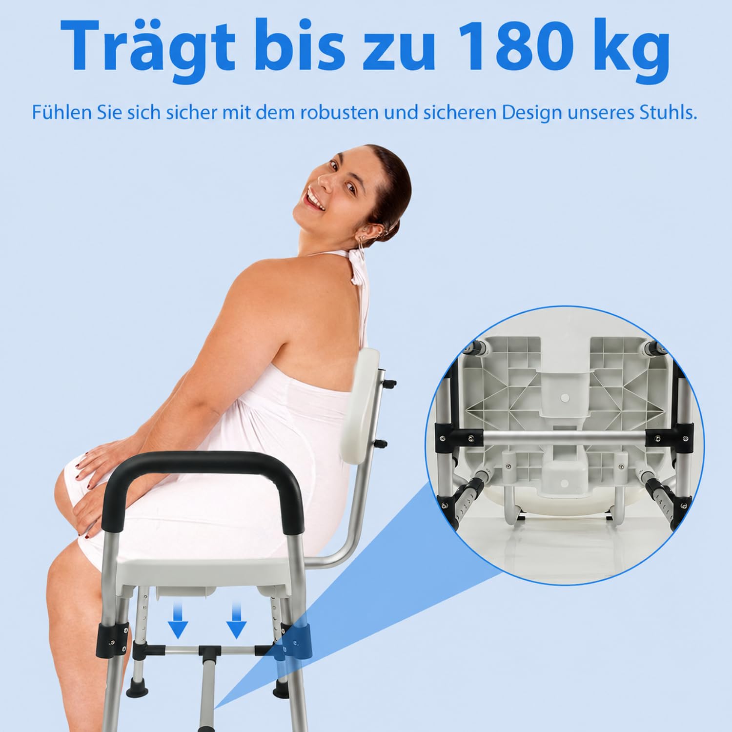 U-förmiger Duschstuhl mit Lehne für die Dusche, Bis 180kg Robuste Dreifach-Stangen-Basisverstärkung mit Arm- und Rückenlehne für Senioren, höhenverstellbar