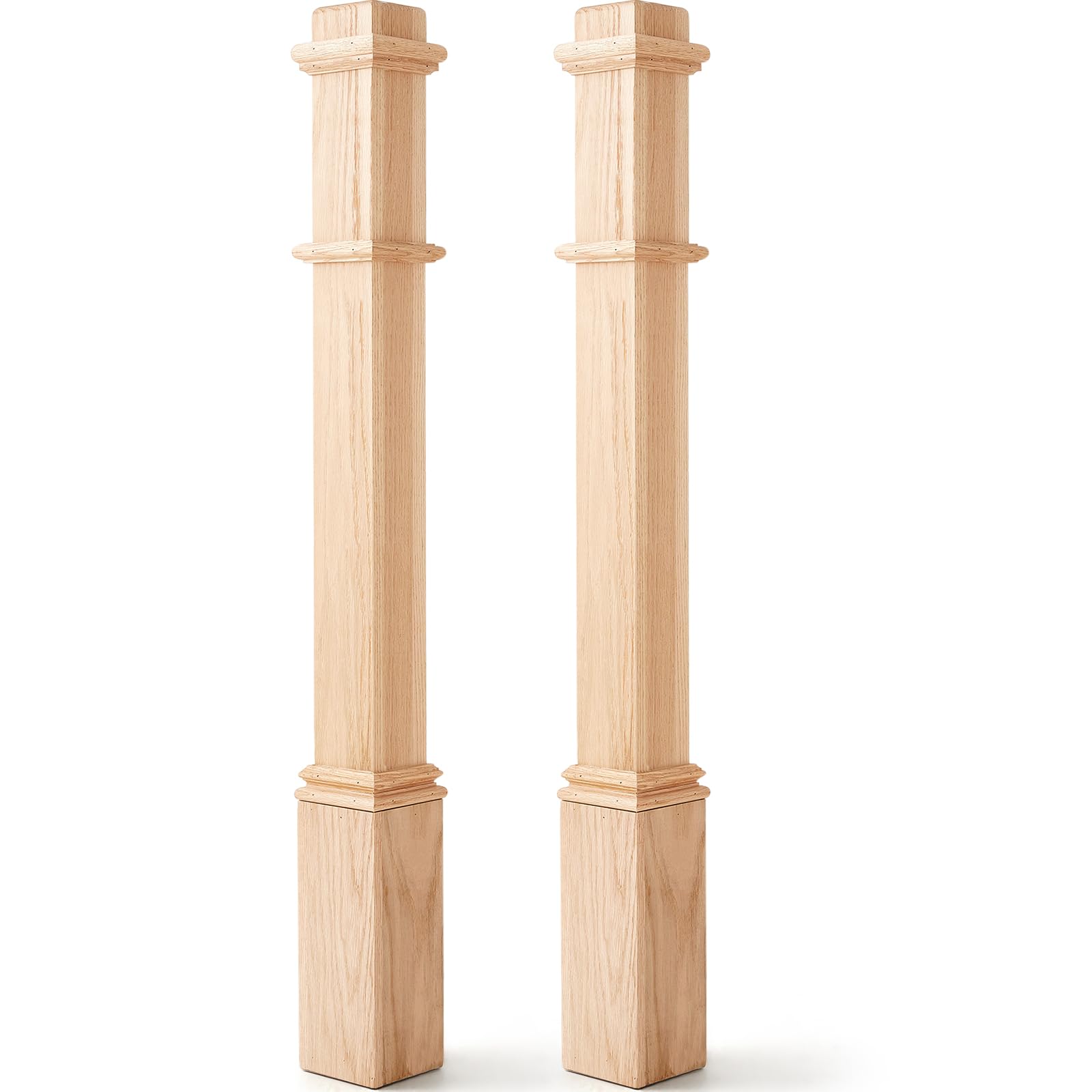 2 pcs 48" red oak stair newel post with 3 1/2" post and 4 1/2" sleeve, solid wood box newel with pedestal for staircase, plain style wood balusters interior for stair remodeling