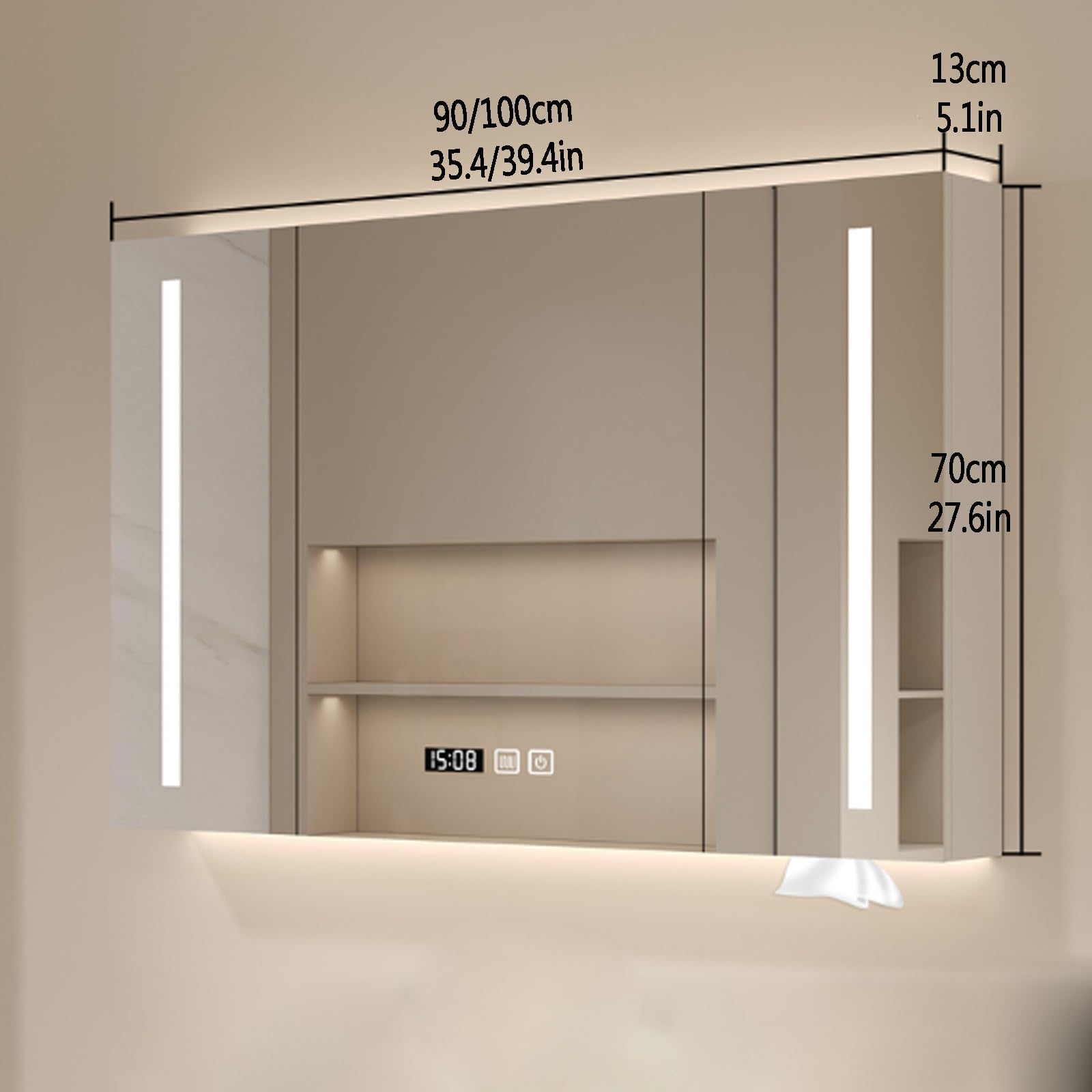Armario de Pared Rectangular Antivaho,armario espejo baño con led luz tricolor,Gabinete De Espejo De Tocador De Baño Montado En La Pared,armario espejo baño led Con agujeros de papel,tiempo temperatur