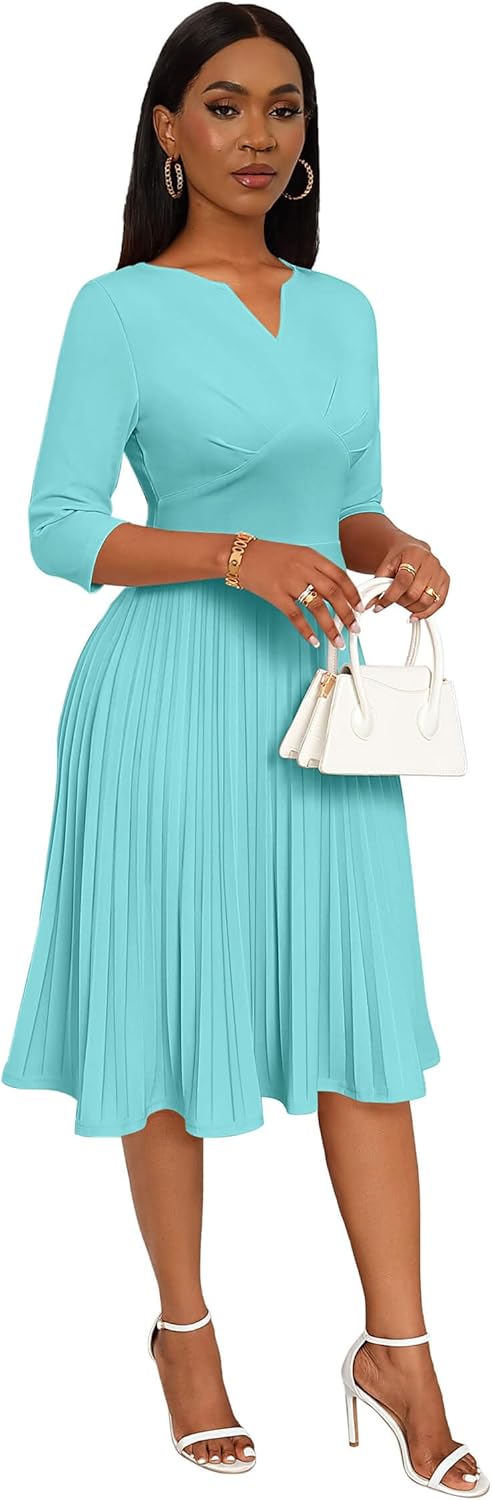 CLOCOR Midi Dresses for Women, 3/4 Sleeve A Line Pleated Casual Dress V Neck Church Cocktail Wedding Guest Dress - Image 5