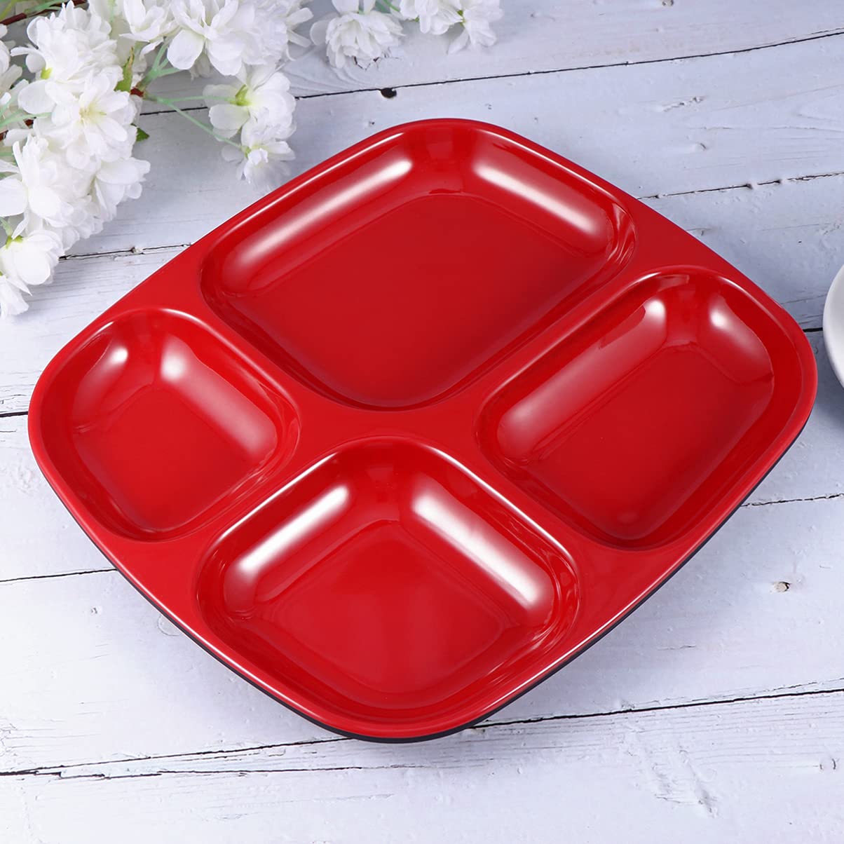SOLUSTRE 4 Divided Dish Fall Imitation Ceramic Rice Tray Tableware for Home Restaurant Red Black Easy to Clean Compartments