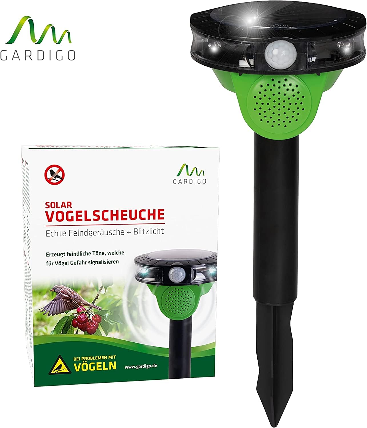 Gardigo® Repellente per Uccelli: Spaventapasseri a Energia Solare | Repellente per Piccioni, fino 60m² | Rilevatore Movimento | 3 Suoni, Luce LED | Resistente alle Intemperie | Scaccia Uccelli, Corvi