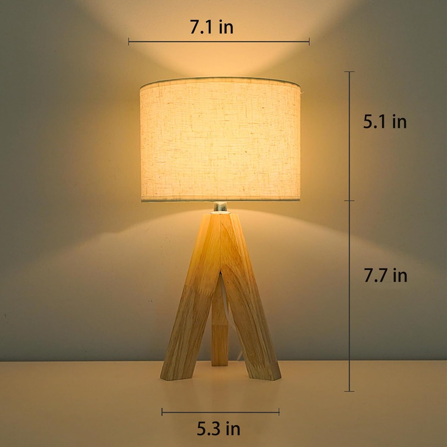 Tripod Table Lamp, Small Cute Bedside Lamp with Linen Beige Lampshade, Nightstand Lamp for Nursery, Bedroom, Kid Room, Living Room, Light Brown Wooden Base, E26 Socket, 12.8Inch, 3000K, 4500K, 6000K