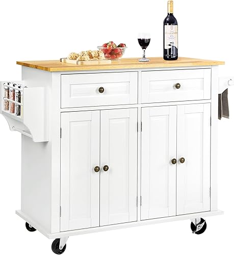 Carrito de isla de cocina de 43.3 pulgadas con ruedas, isla de cocina rodante con parte superior de madera maciza, 2 cajones, armario de