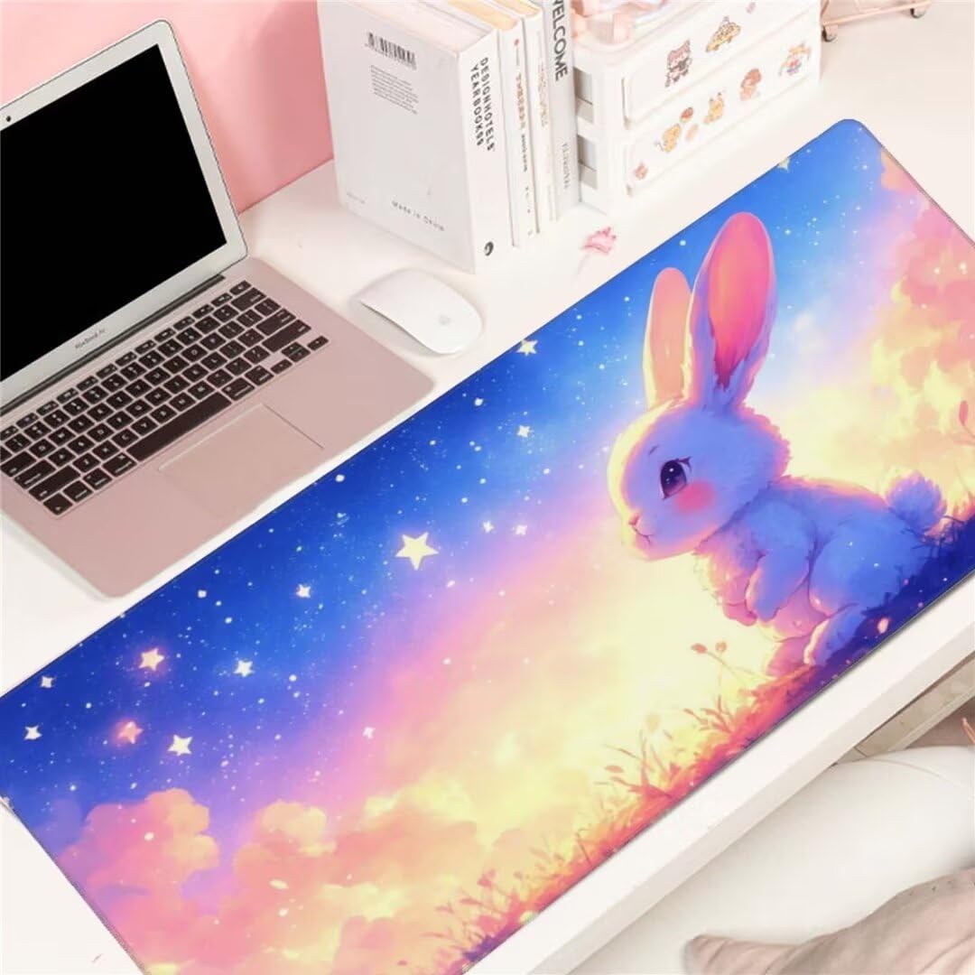 Alfombrilla de ratón 1400x600x3 MM, Alfombrilla Ratón XXL Extendida de Gran Tamaño con Bordes Cosidos, Base de Goma Antideslizante Almohadilla para Teclado, Conejo Estrellado S-11843
