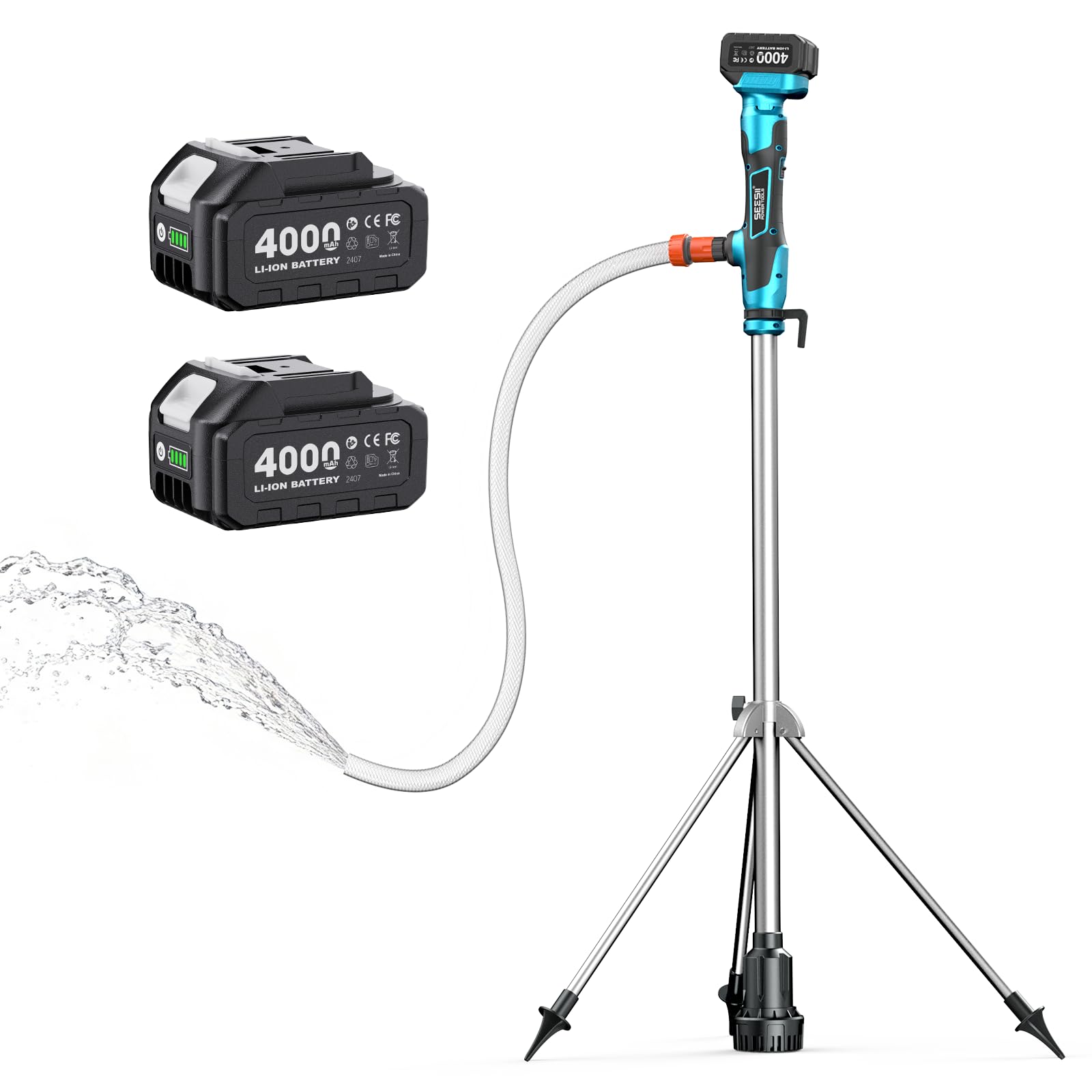 SEESII Kabelloses Stab-Wassertransferpumpe mit Stativ, Freihändige Nutzung | 2725 L/h & 10M Förderhöhe, 2×4.0Ah Akkus, Tragbares Design, für Pool, Bootsbilge, Garten, Regentonnen & Keller