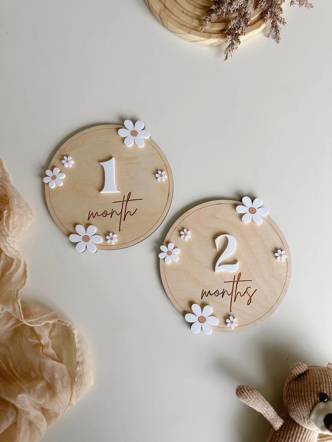 Curious Button Month Daisy Wooden Baby Milestone, Boho Baby Milestone, Milestone Props for Babies Photo, Monthly Baby Milestone Marker, Baby Growth.