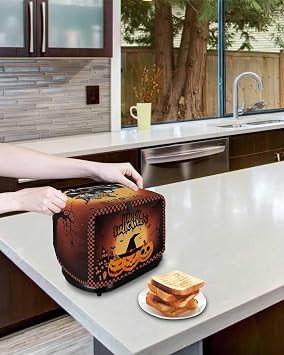 Burnt Orange Halloween Toaster Cover 2 Slice, Spooky Pumpkins Horror Plaid Dustproof Bakeware Oven Protector with Top Hook, Waterproof Small Kitchen Appliance Toasters Dust Cover, 11x6x8